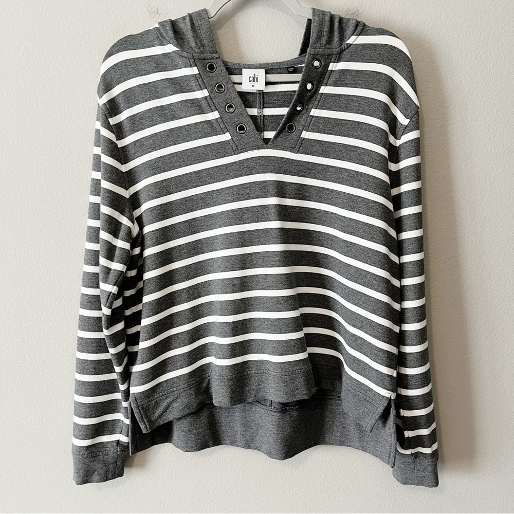 CAbi #5324 Bonita Windward Hoodie Sweatshirt Gray Rugby Stripe Size Medium
